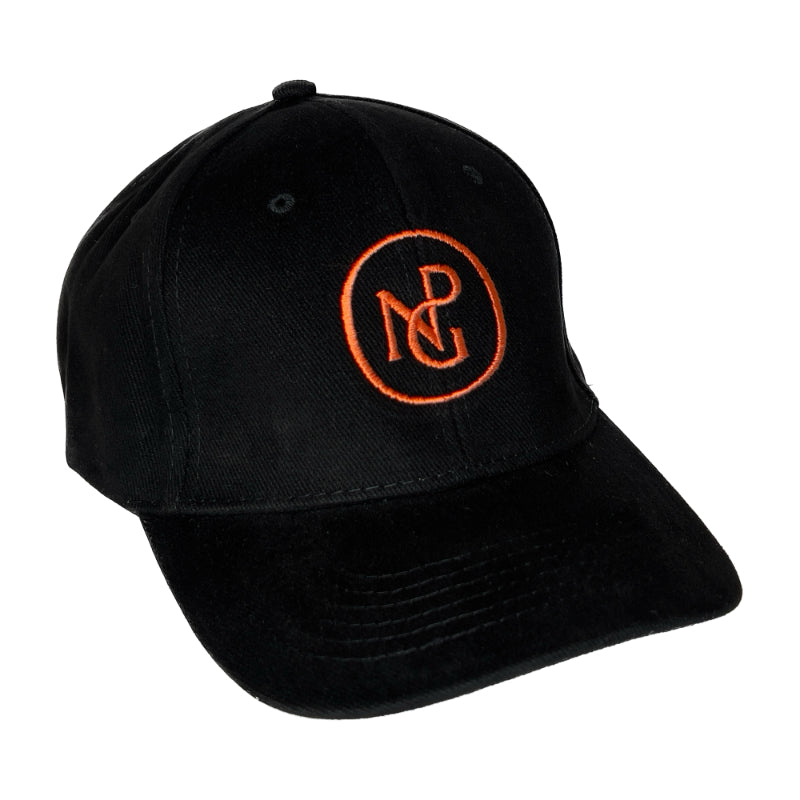 Black baseball cap featuring red embroidered npg logo on the front.