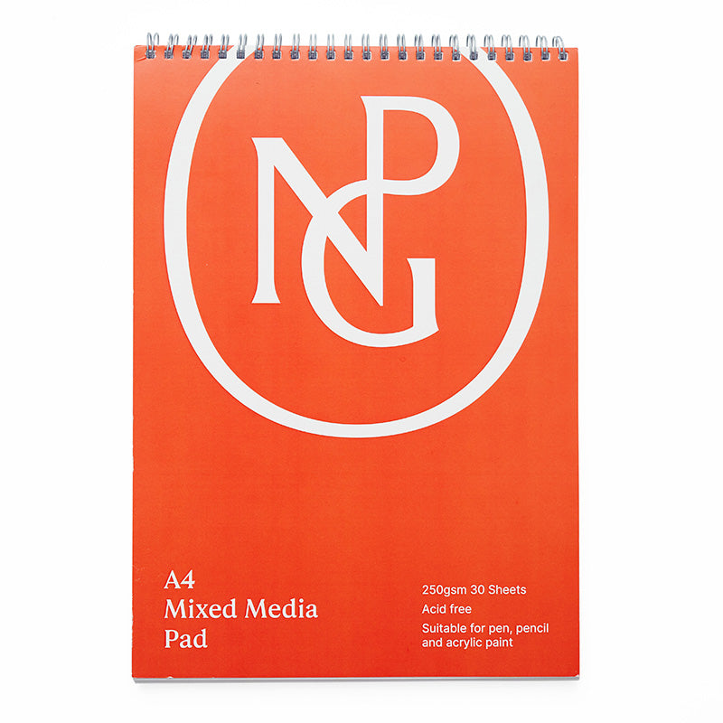 A bright red spiral bound sketchbook with the npg logo written in white.