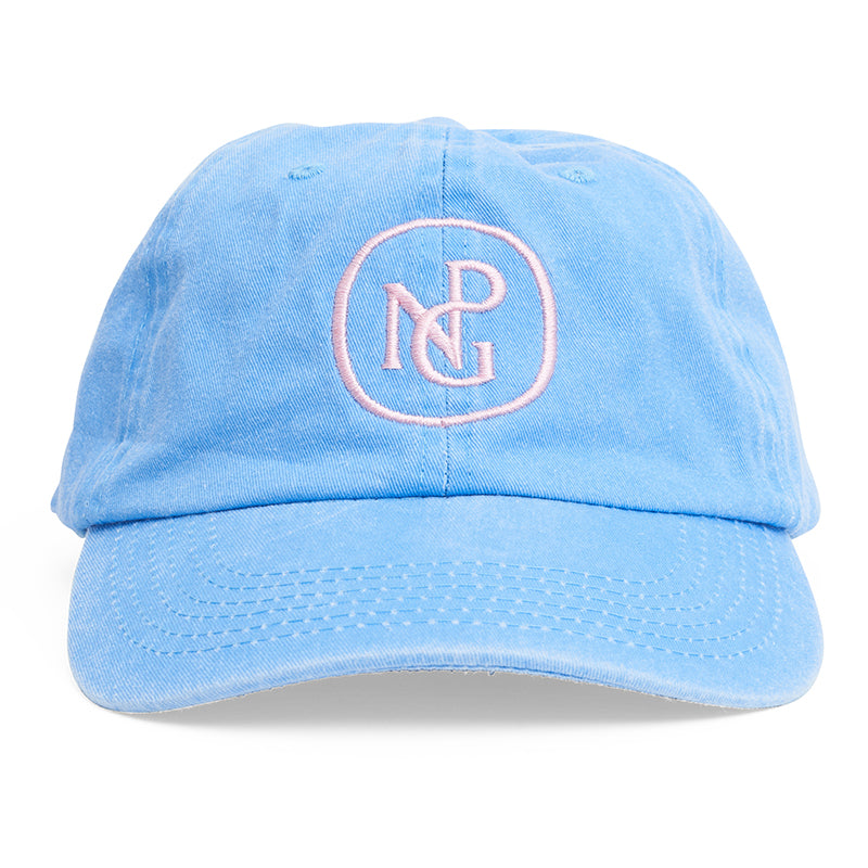 A bright blue baseball hat with a baby pink npg logo, front view.