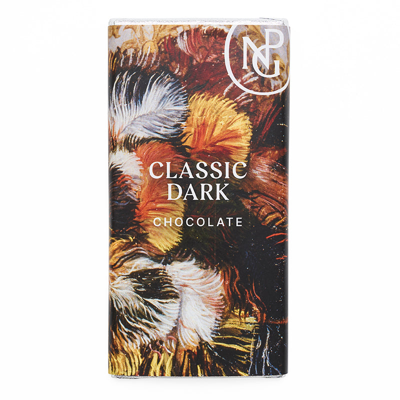A rectangular packaged chocolate bar with outer sleeve featuring the npg logo and a close up of painted feathers.