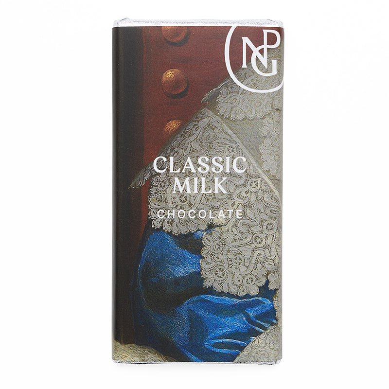 A rectangular chocolate bar with outer packaging featuring the npg logo and close up detailing of a lace collar.