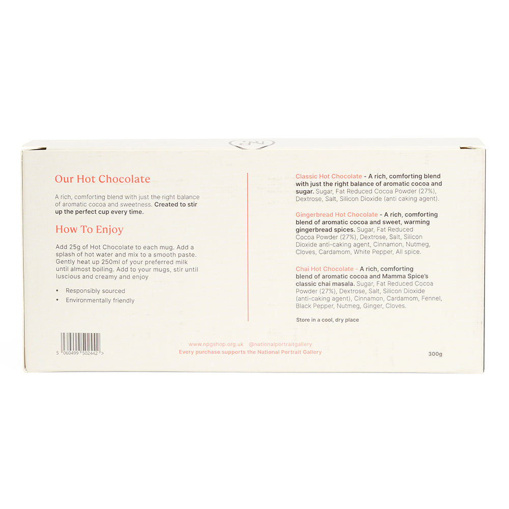 Back of a hot chocolate packaging with text and branding details.