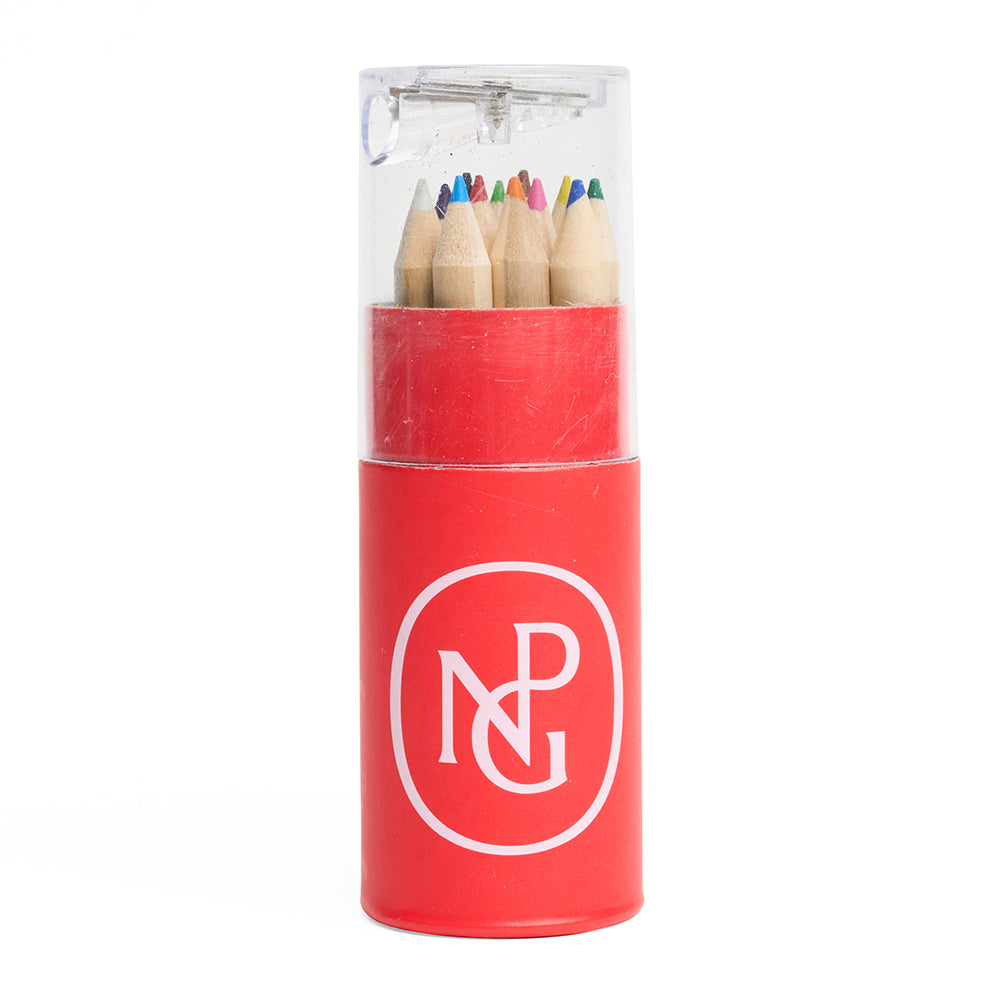 Red tube with colouring pencils and the npg monogram against a white background