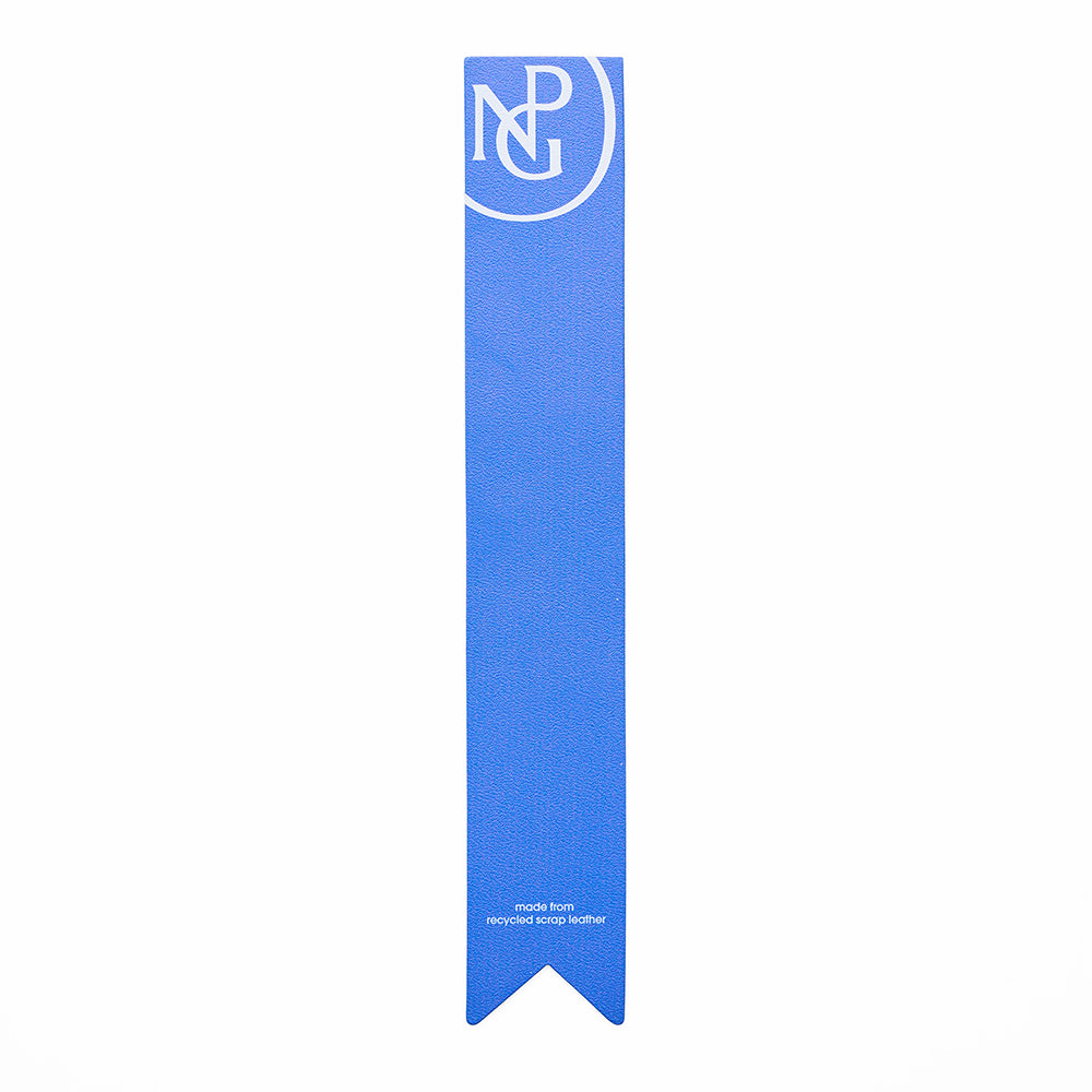A long blue flag shaped bookmark with the npg monogram symbol in white.