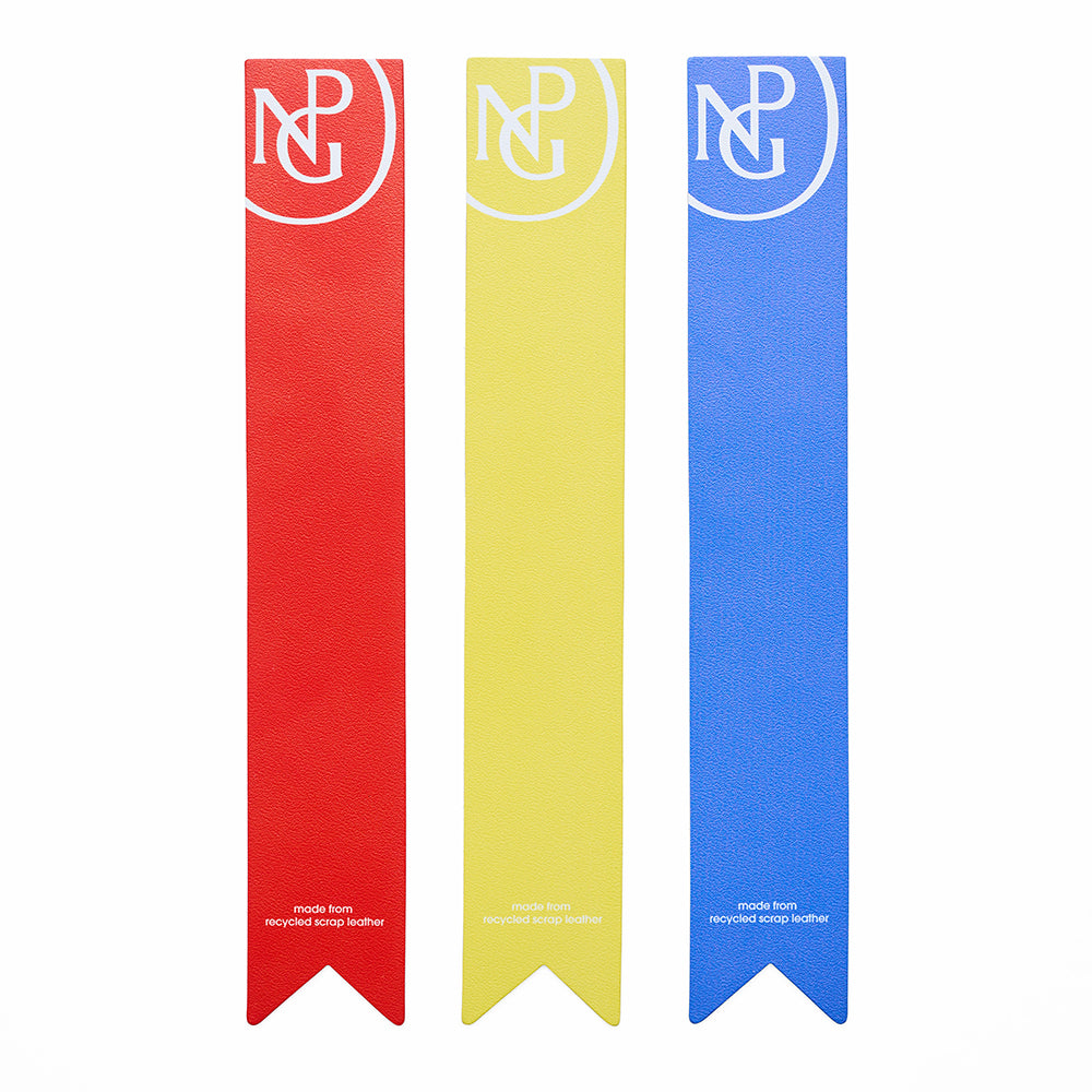 A line of 3 long flag shaped bookmarks in red, yellow and blue with the npg monogram in white at the top of each.