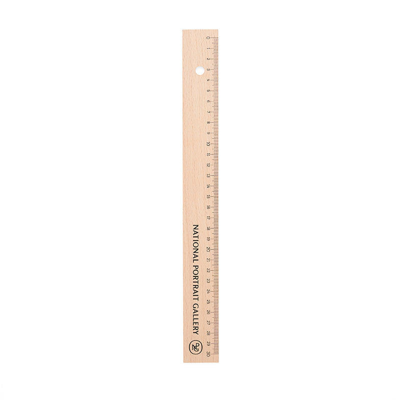 A wooden ruler with the national portrait gallery logo and monogram in black.