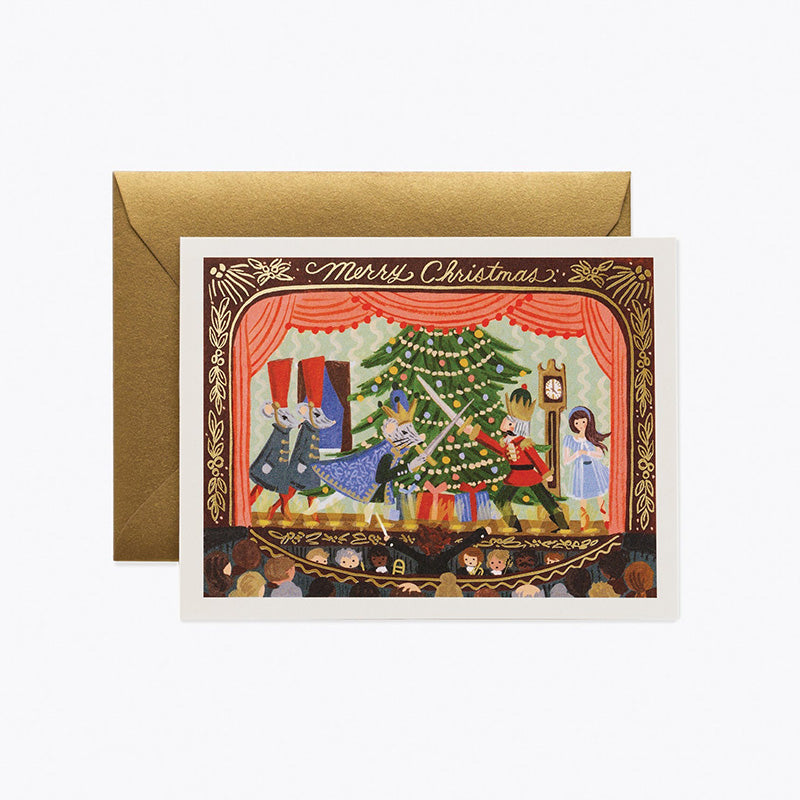 A christmas card that portrays a theatre audience watching the nutcracker.