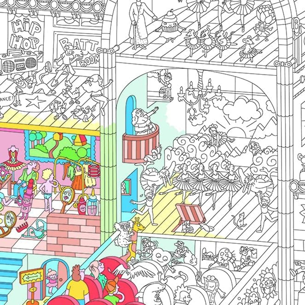 Colorful illustration of a busy scene with various dance characters and activities.