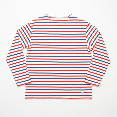 Blue and red striped long sleeve top with round neck, front view.