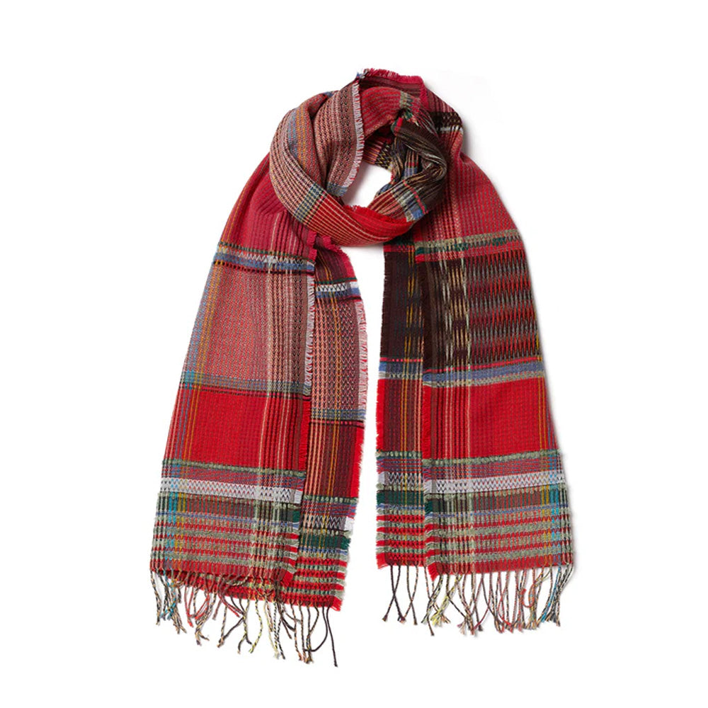 Plaid scarf with red and brown colours on a white background