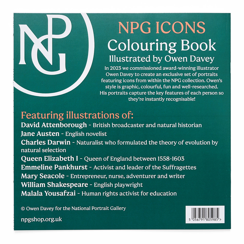 Back cover of npg icons colouring book with illustrations by owen davey