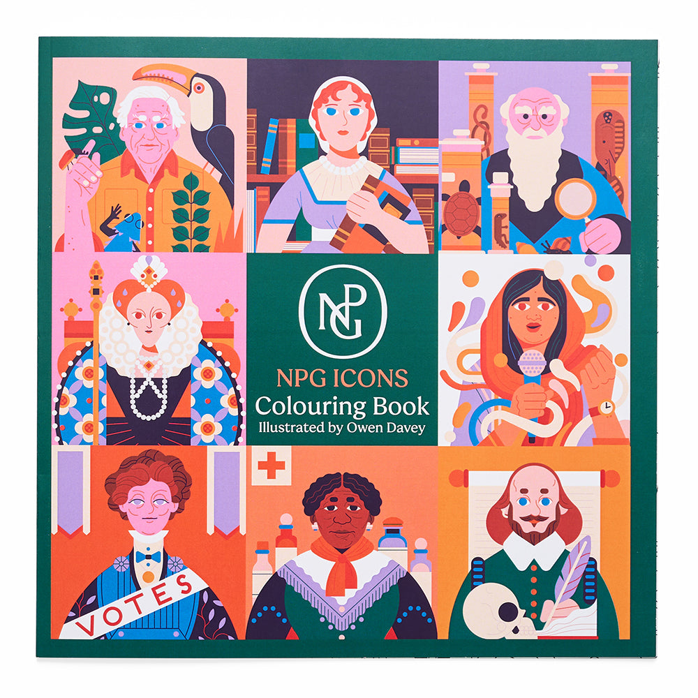 Npg icons colouring book cover with illustrations of historical figures.