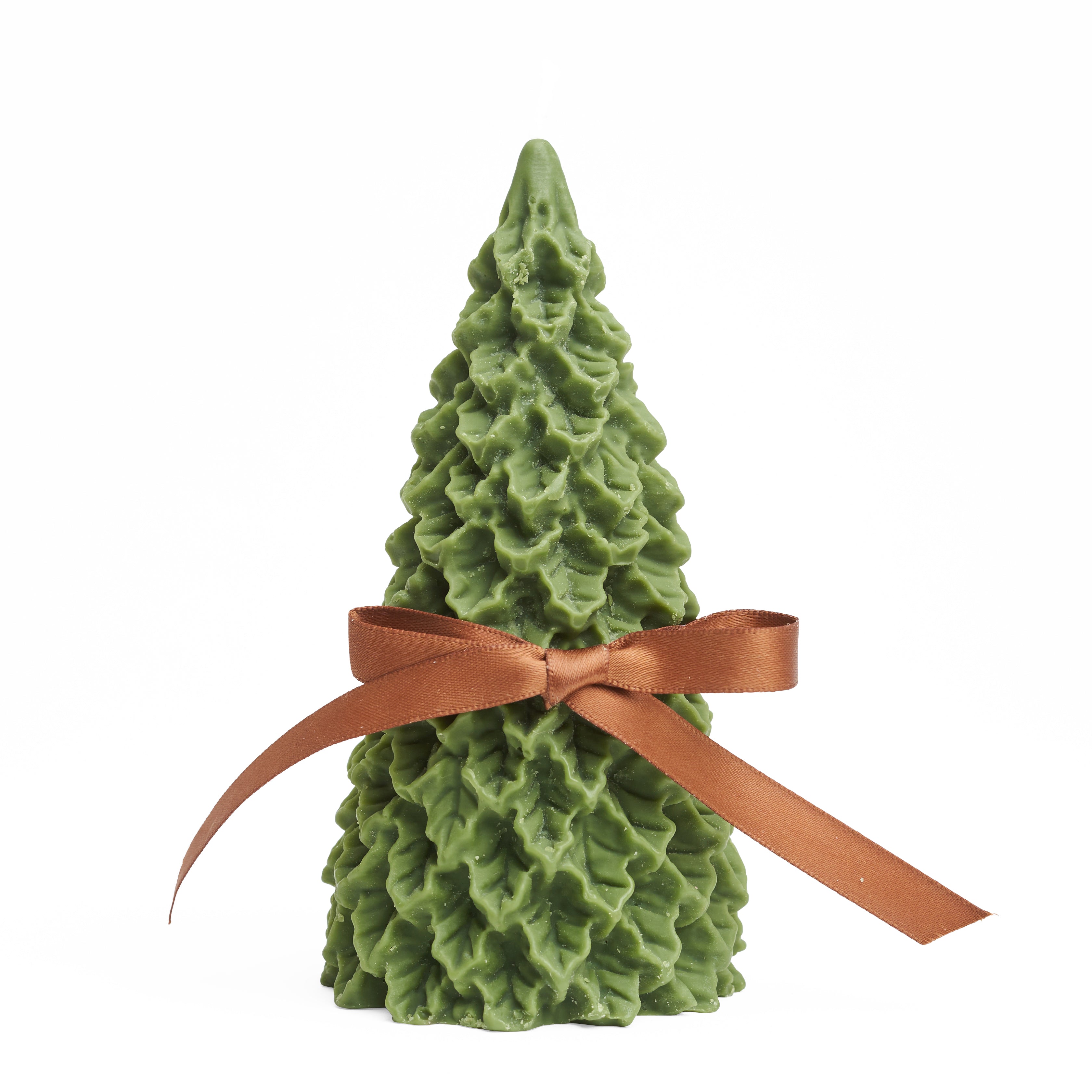 Green pine tree candle with a little brown bow around it.