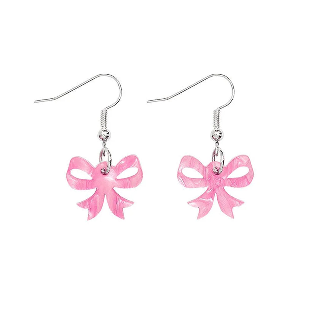 Pink pearl bow charm earrings