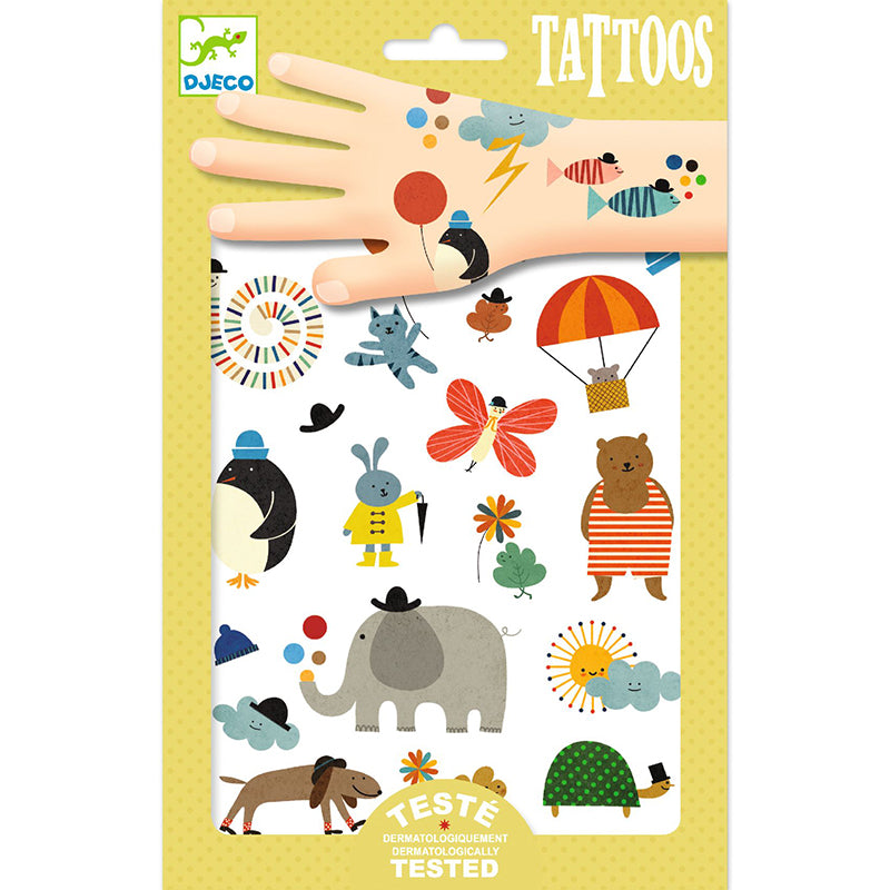Image: a set of illustrated animals temporary tattoos in rectangular packaging.