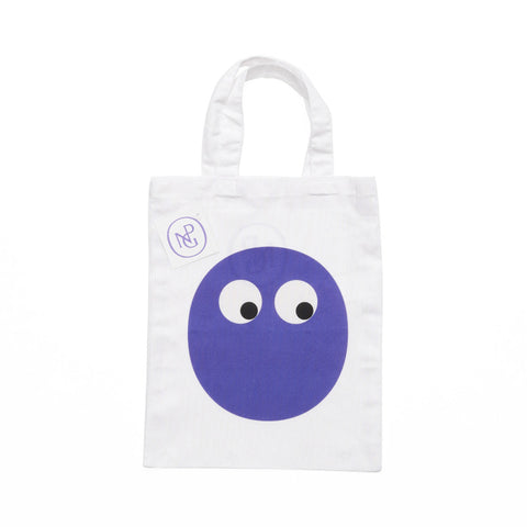 Small white children's tote bag with handles featuring a round purple blob character with googly eyes.