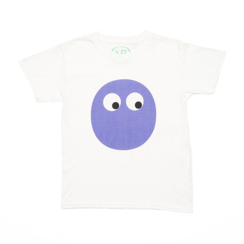 White children's T-shirt featuring a round purple blob character with googly eyes.