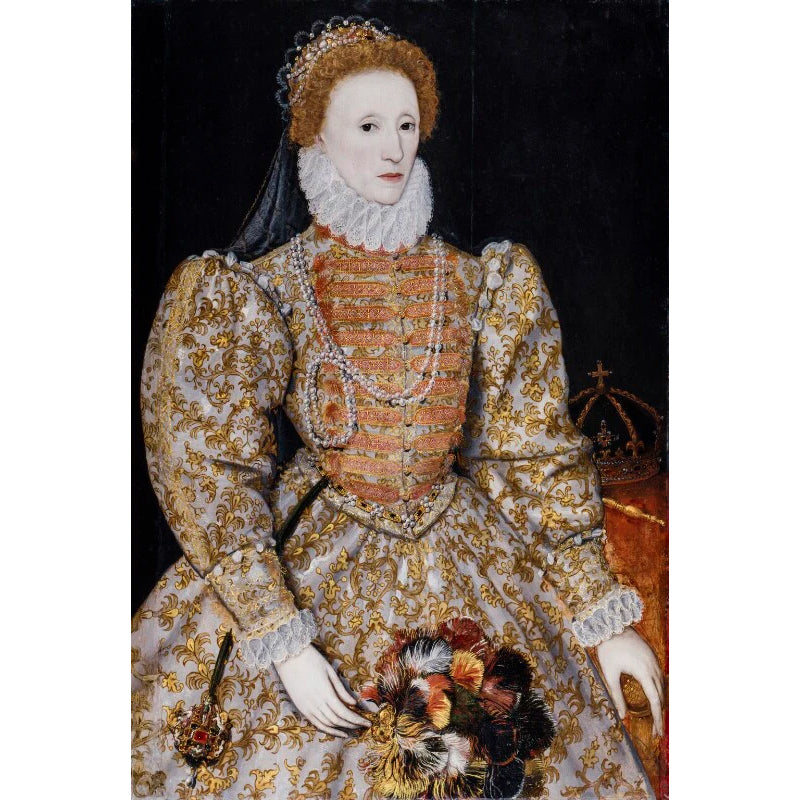 A painted portrait of queen elizabeth i sitting in a gold regal dress, holding a bouquet of feathers.