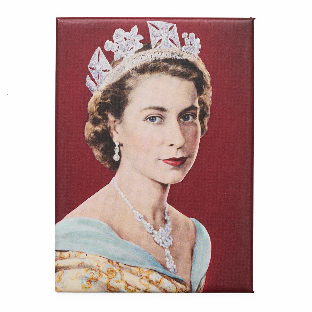 A rectangular magnet featuring a coloured photograph of queen elizabeth ii, a woman wearing a silver crown gazes sideways against a red background.