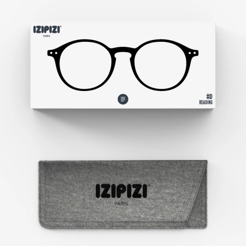 Packaging of black reading glasses with a grey felt pouch with izipizi logo.