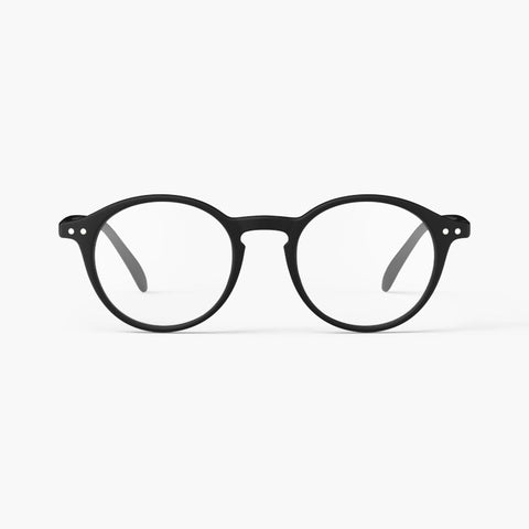 Reading glasses with slightly rounded black frame.