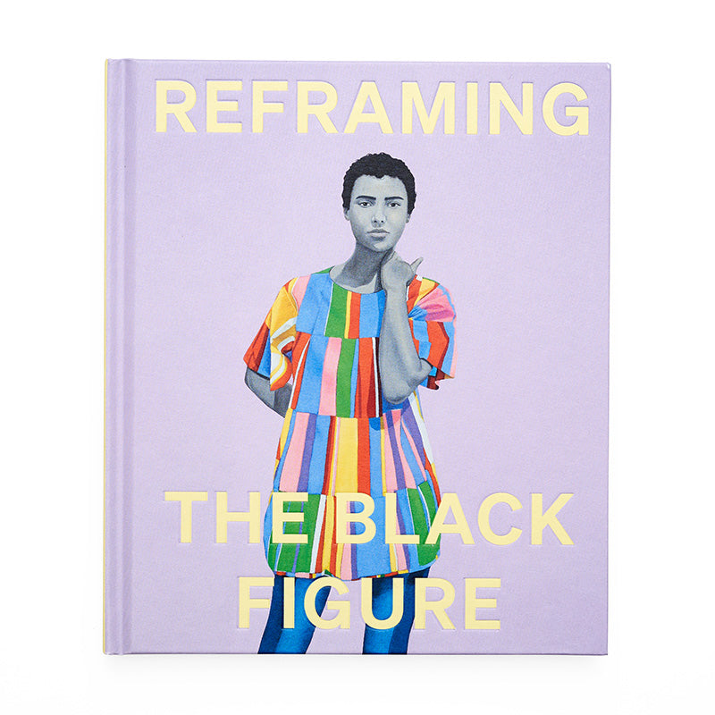 Lilac book cover featuring a painting of a woman in monochrome wearing a colourful dress with the title 'reframing the black figure' in contrasting yellow.