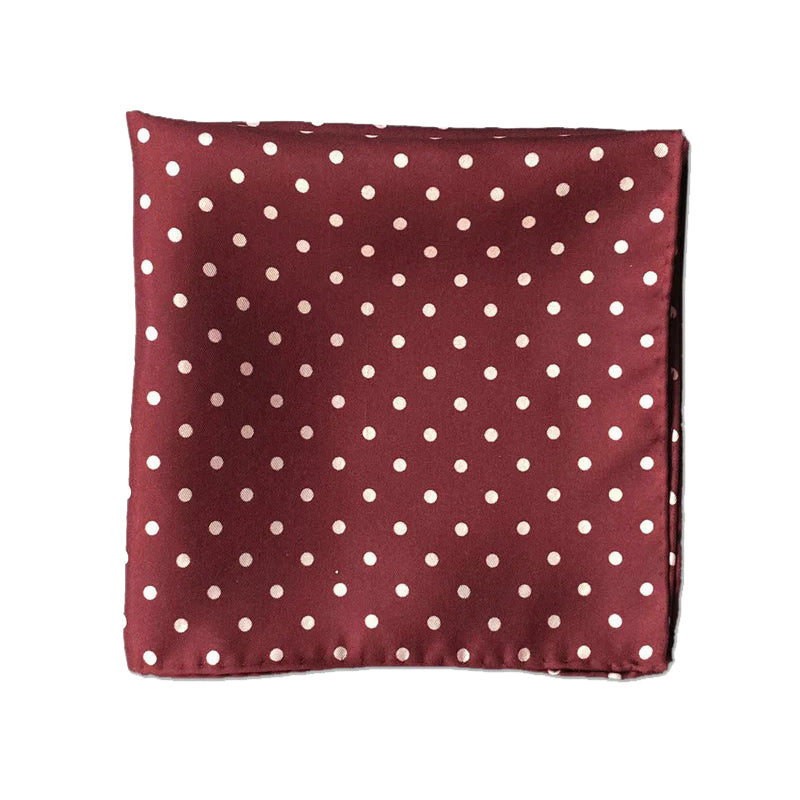 Burgundy coloured pocket square with white polka dots.