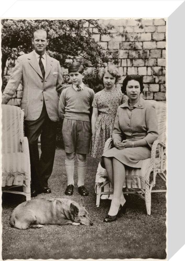 H.m. the queen with her family in windsor castle gardens' (prince philip, duke of edinburgh; king charles iii; princess anne; queen elizabeth ii) portrait print (stretched canvas, small, no frame)
