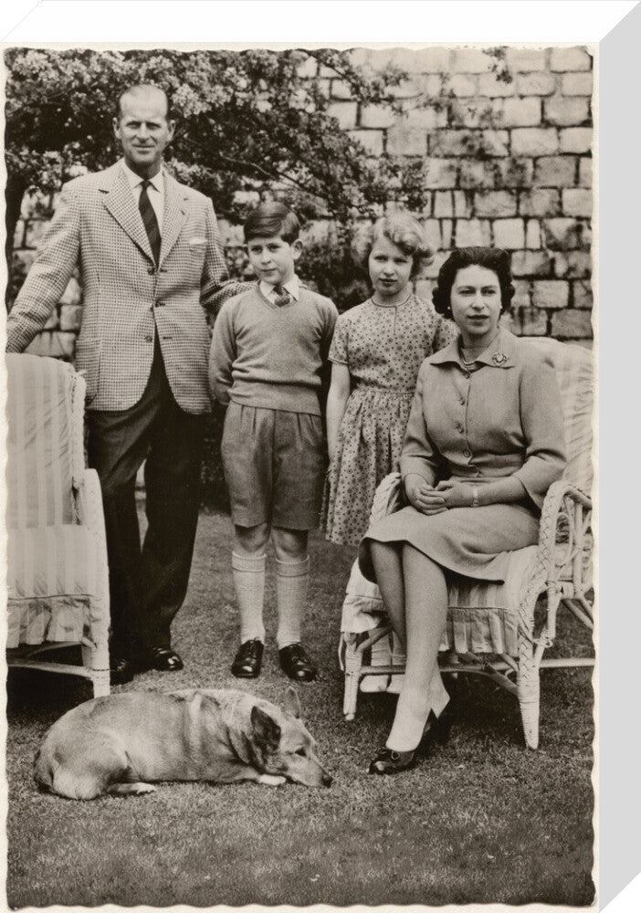 H.m. the queen with her family in windsor castle gardens' (prince philip, duke of edinburgh; king charles iii; princess anne; queen elizabeth ii) portrait print (stretched canvas, medium, no frame)