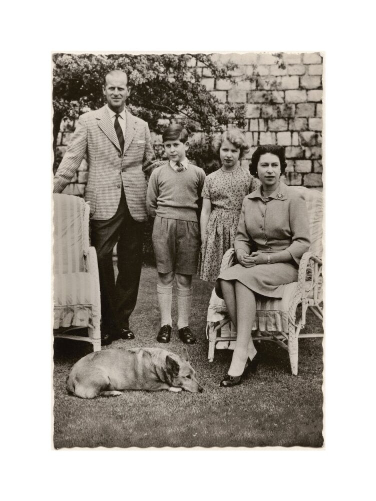 H.m. the queen with her family in windsor castle gardens' (prince philip, duke of edinburgh; king charles iii; princess anne; queen elizabeth ii) portrait print (art print, medium, no frame)