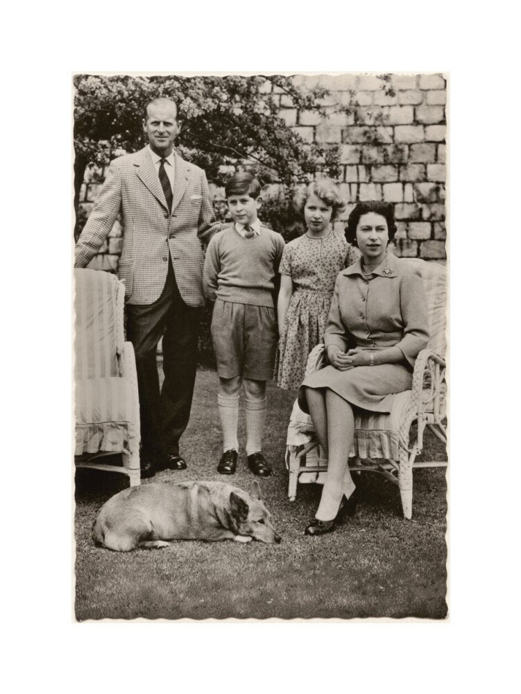 H.m. the queen with her family in windsor castle gardens' (prince philip, duke of edinburgh; king charles iii; princess anne; queen elizabeth ii) portrait print (art print, large, no frame)
