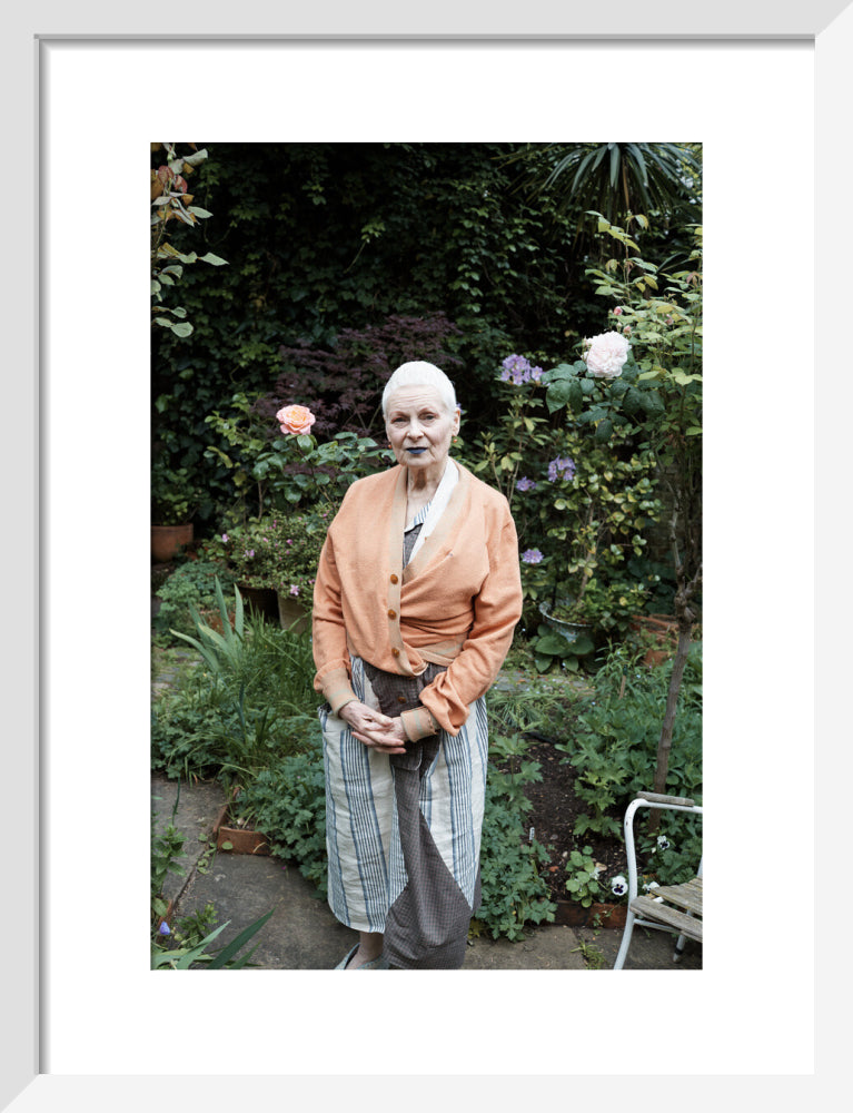 Vivienne in her garden, london 2014 (dame vivienne westwood) portrait print (art print, small, white frame)