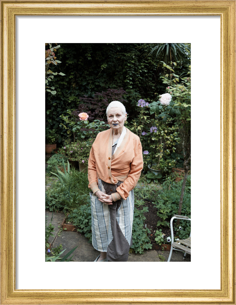 Vivienne in her garden, london 2014 (dame vivienne westwood) portrait print (art print, small, gold frame)