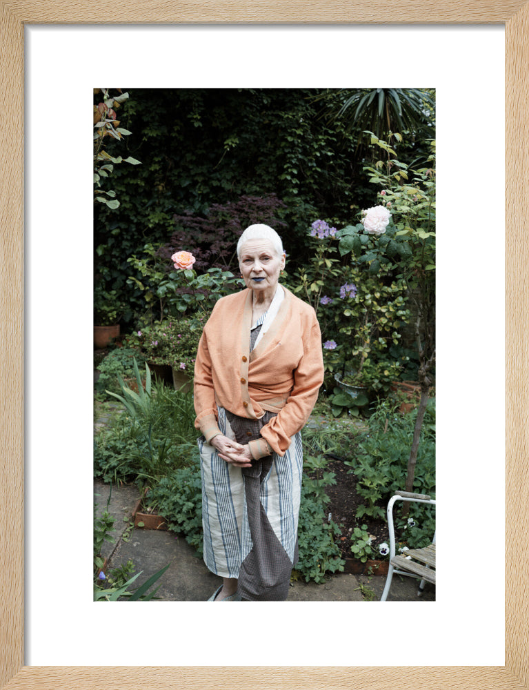 Vivienne in her garden, london 2014 (dame vivienne westwood) portrait print (art print, small, natural frame)