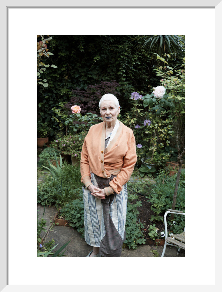 Vivienne in her garden, london 2014 (dame vivienne westwood) portrait print (art print, medium, white frame)