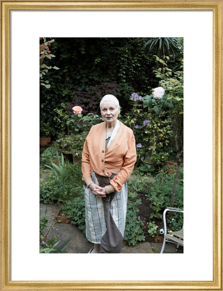 Vivienne in her garden, london 2014 (dame vivienne westwood) portrait print (art print, medium, gold frame)