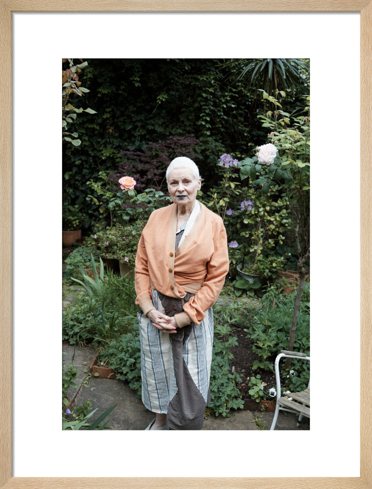 Vivienne in her garden, london 2014 (dame vivienne westwood) portrait print (art print, medium, natural frame)