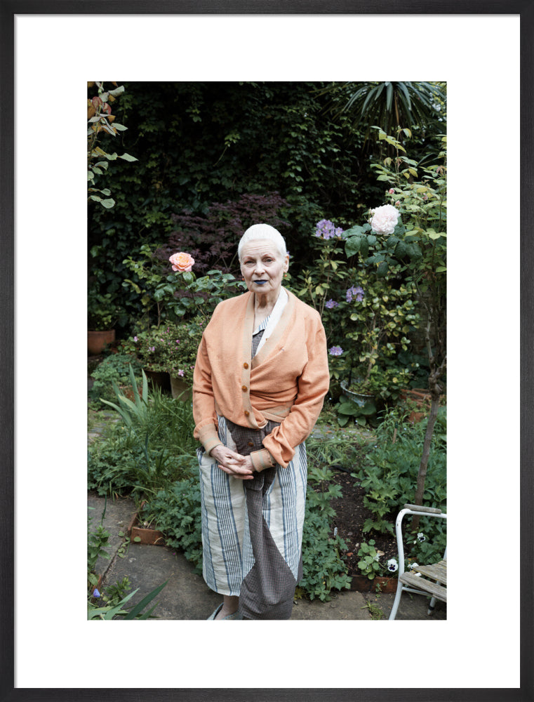 Vivienne in her garden, london 2014 (dame vivienne westwood) portrait print (art print, large, black frame)
