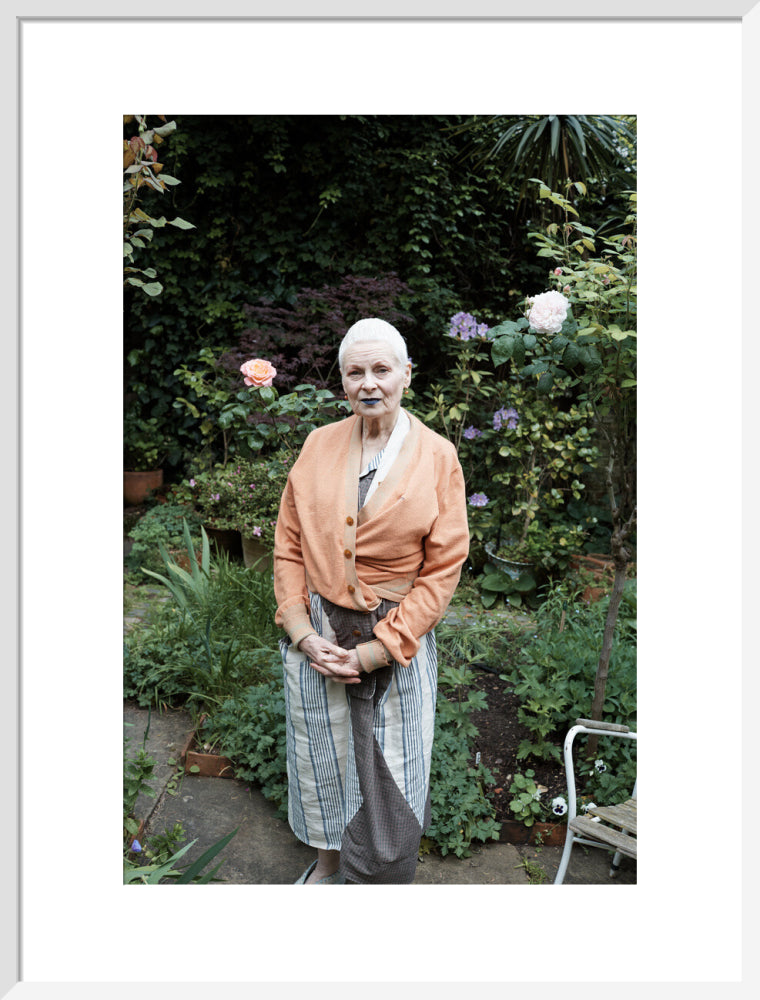 Vivienne in her garden, london 2014 (dame vivienne westwood) portrait print (art print, large, white frame)