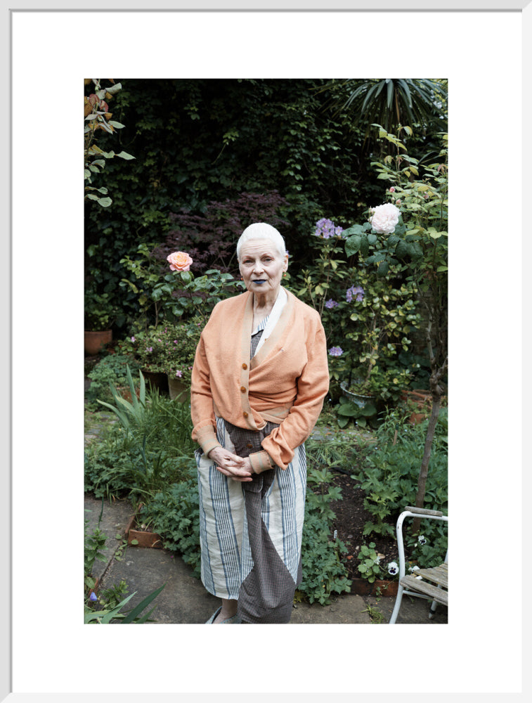 Vivienne in her garden, london 2014 (dame vivienne westwood) portrait print (art print, extra large, white frame)