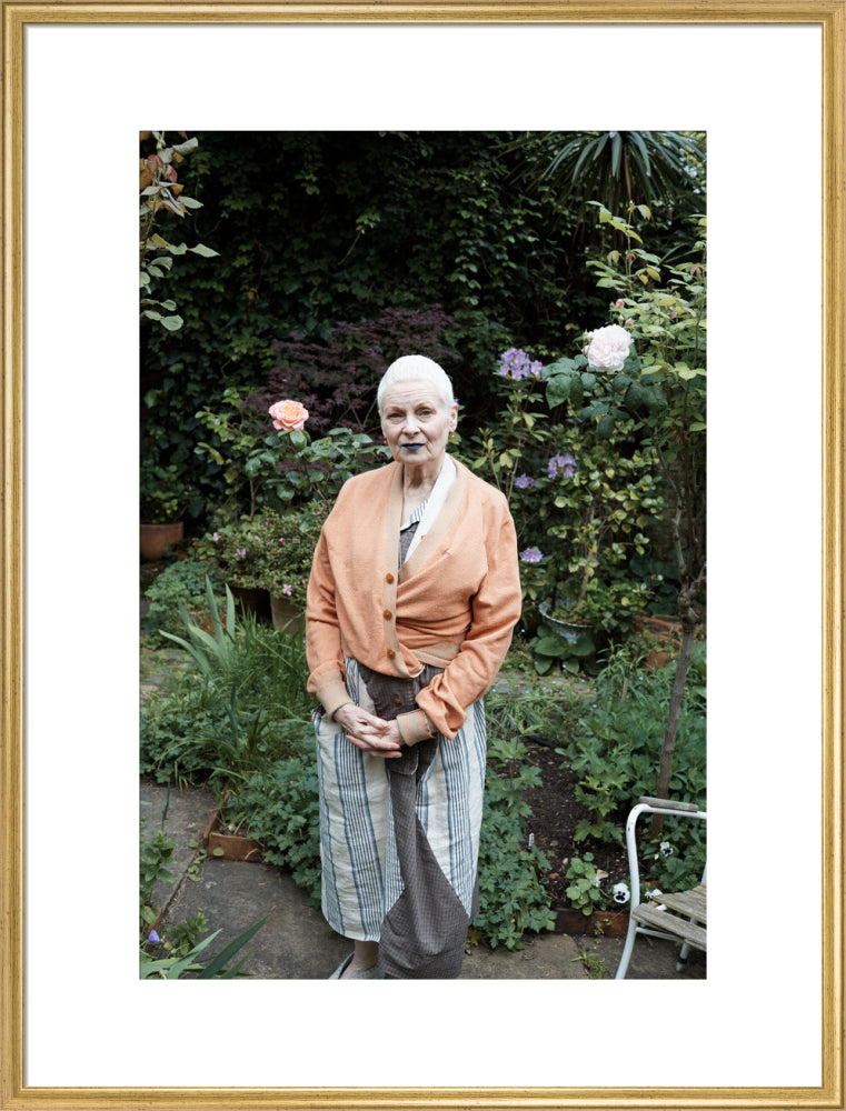 Vivienne in her garden, london 2014 (dame vivienne westwood) portrait print (art print, extra large, gold frame)