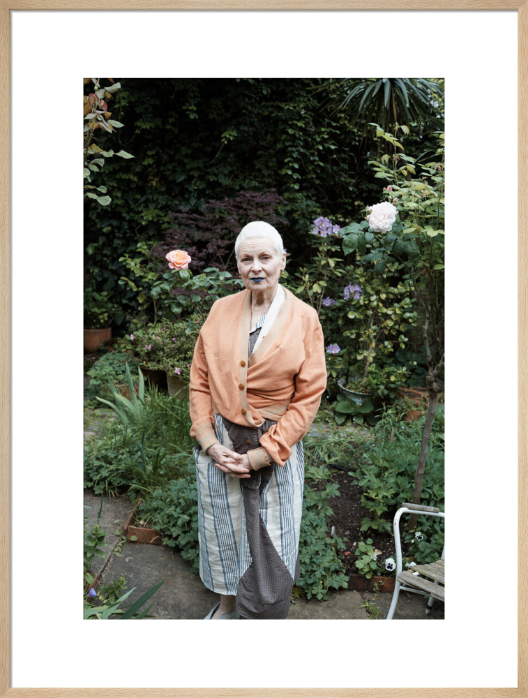 Vivienne in her garden, london 2014 (dame vivienne westwood) portrait print (art print, extra large, natural frame)