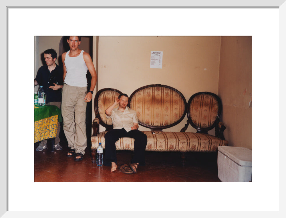 Radiohead (thom yorke; colin greenwood; edward john o'brien) portrait print (art print, medium, white frame)