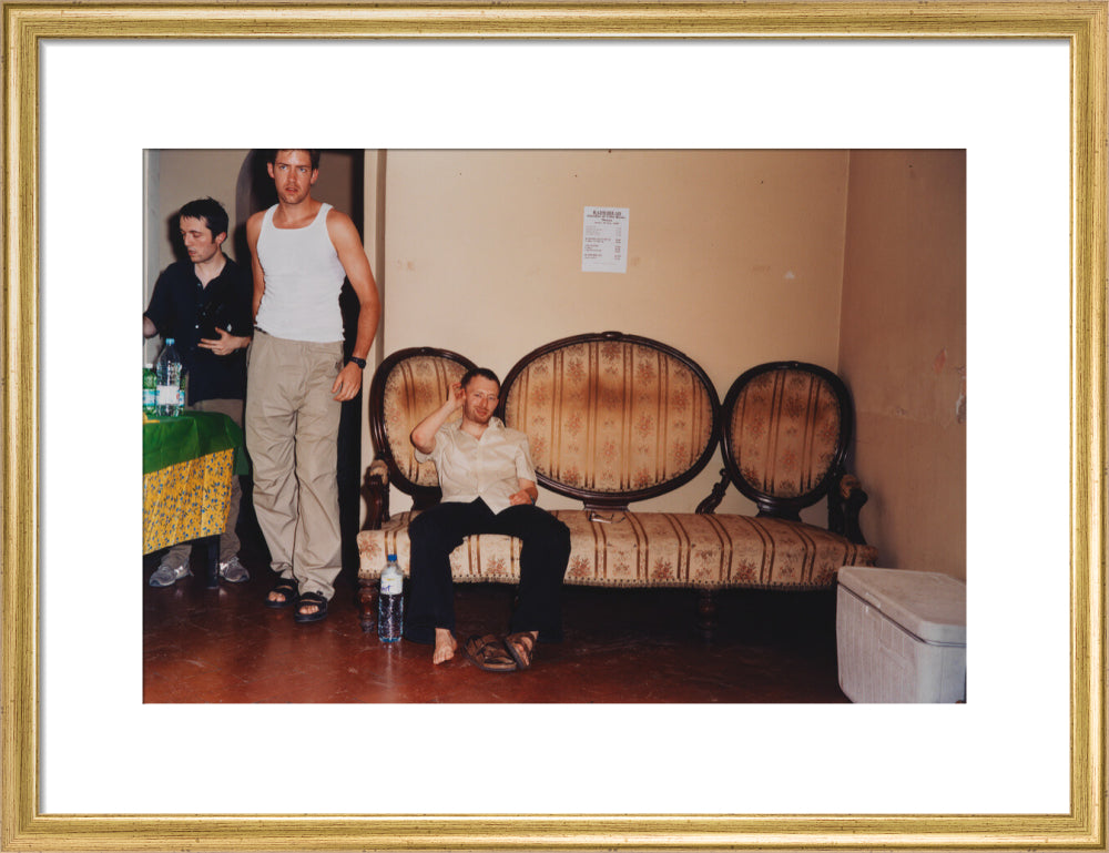 Radiohead (thom yorke; colin greenwood; edward john o'brien) portrait print (art print, medium, gold frame)