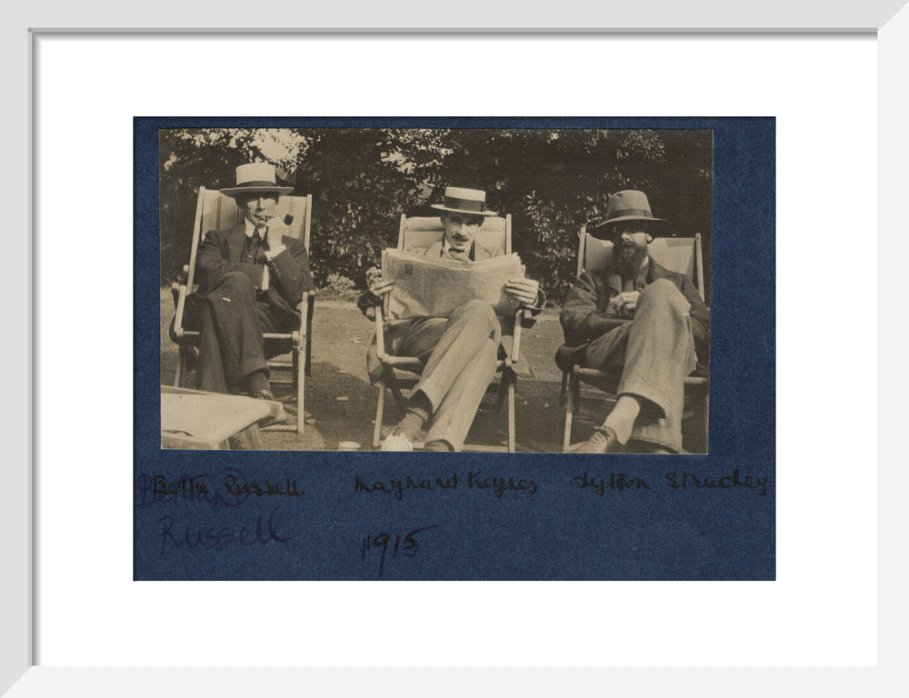 Bertrand russell; john maynard keynes, baron keynes; lytton strachey portrait print (art print, small, white frame frame)