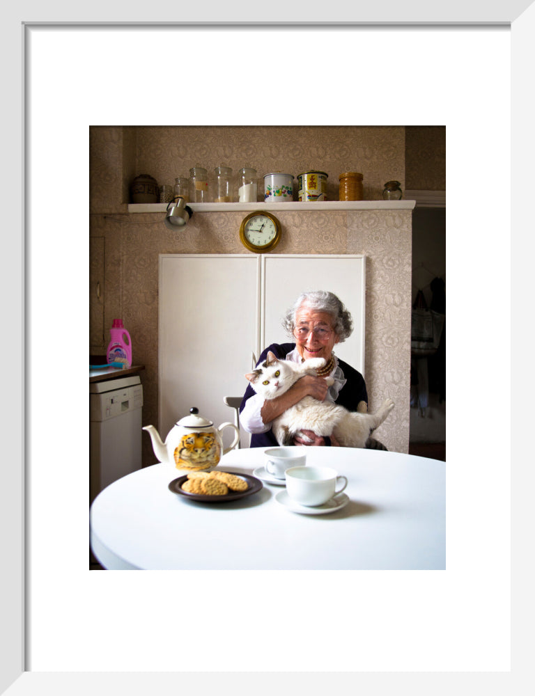 Judith kerr with her cat katinka portrait print (art print, small, white frame)