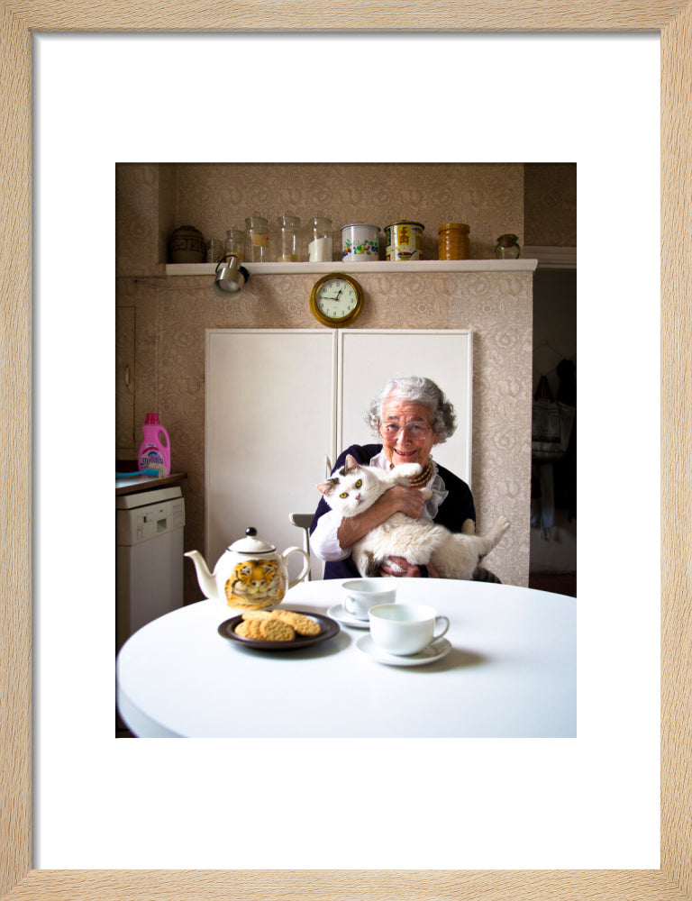 Judith kerr with her cat katinka portrait print (art print, small, natural frame)