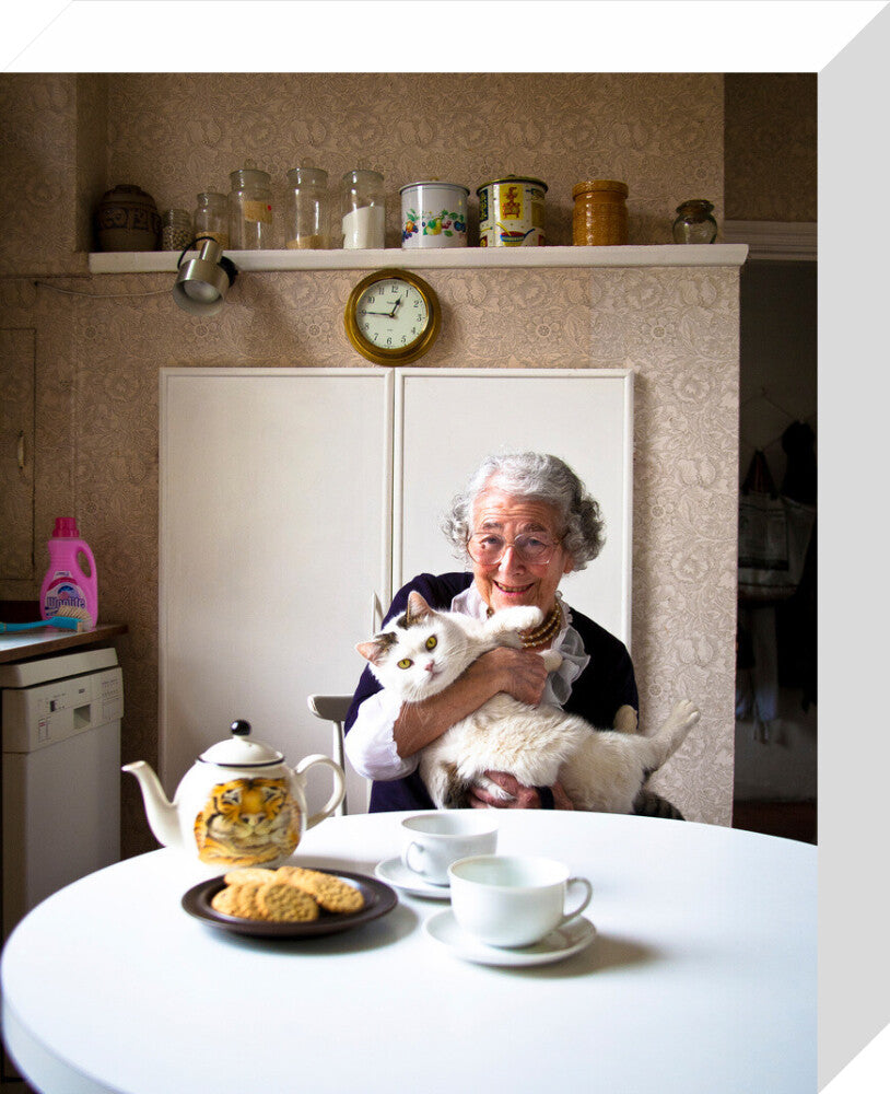 Judith kerr with her cat katinka portrait print (stretched canvas, small, no frame)