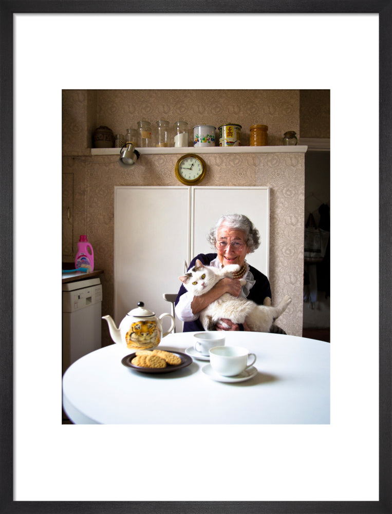 Judith kerr with her cat katinka portrait print (art print, medium, black frame)