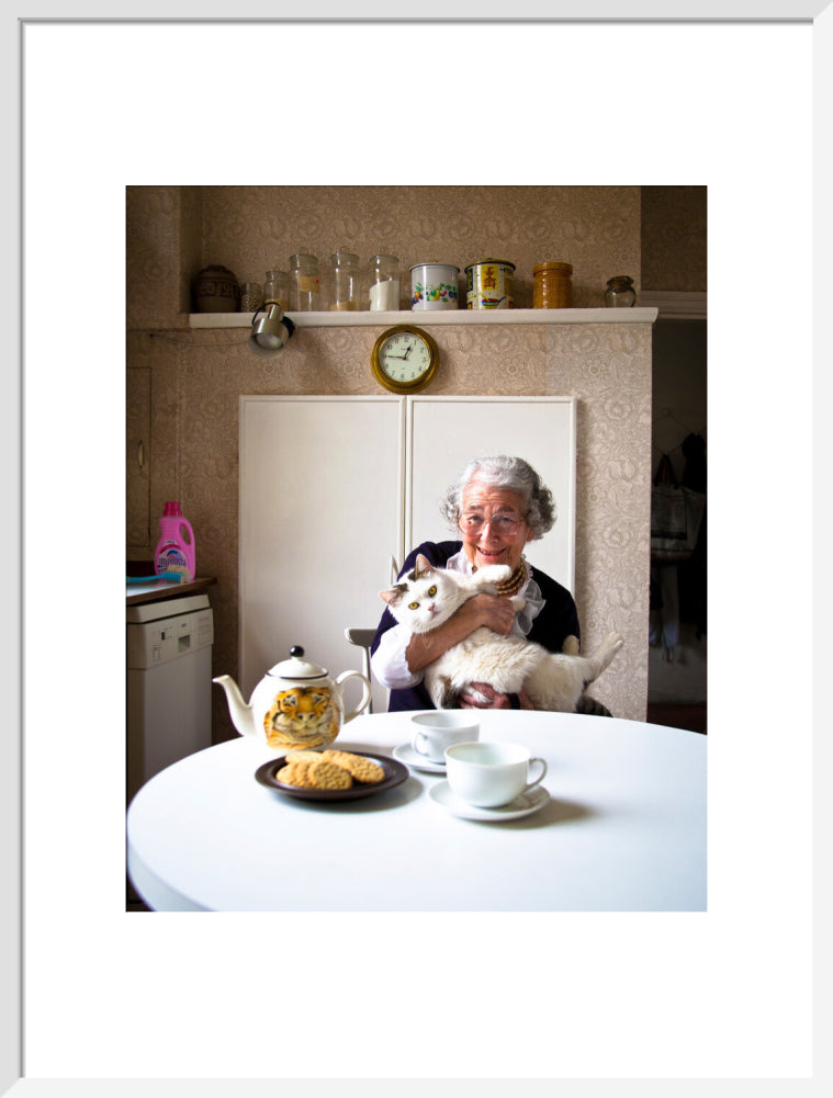 Judith kerr with her cat katinka portrait print (art print, large, white frame)